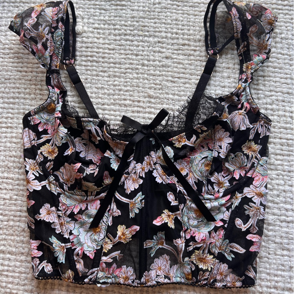 Victoria's Secret Black and Gold Floral Lace Top